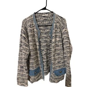 SIONI Textured Open Front Cardigan Sweater Blue White Denim Trim Pockets XL